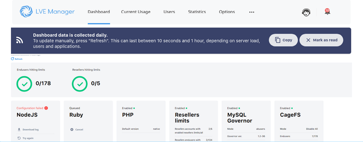 Tampilan dashboard CloudLinux OS