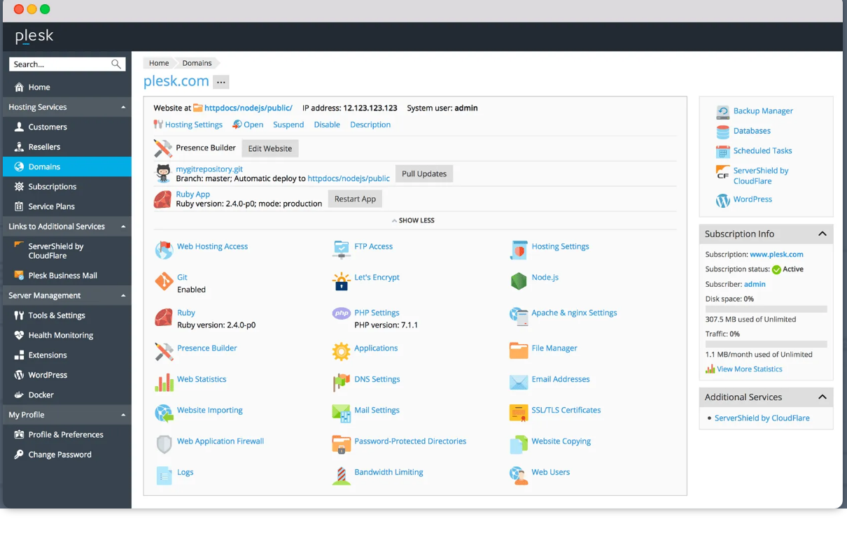 Tampilan dashboard Plesk Panel